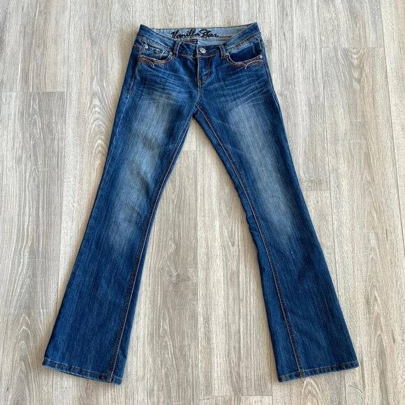Y2K Low Rise Flare Blue Jeans with Brown Embroidery Coastal Cowgirl Denim Retro - Picture 2 of 8